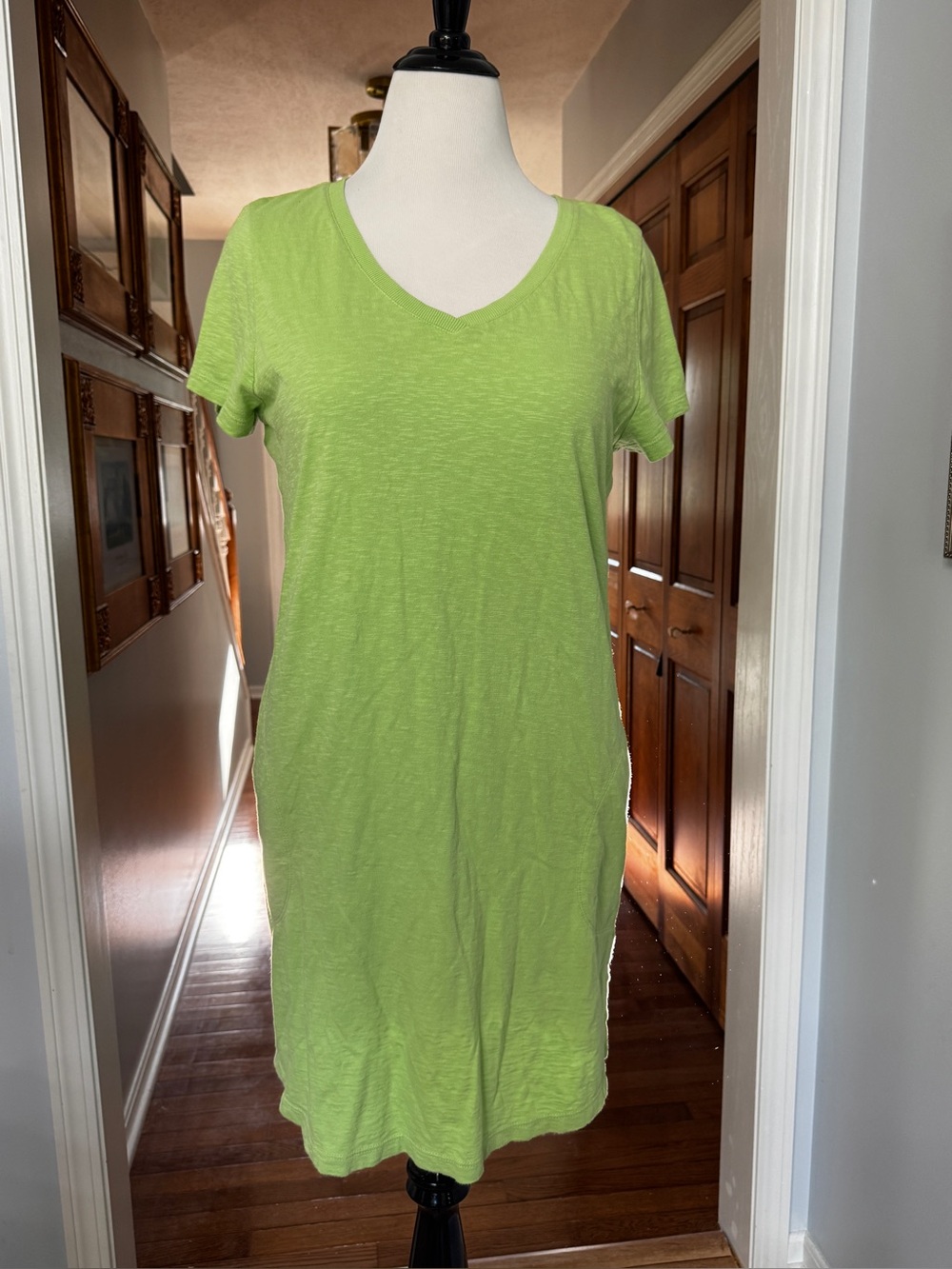 J Jill Lime Green Cotton Knit Tee Shirt Dress Sz Large Petite V Neck Pockets